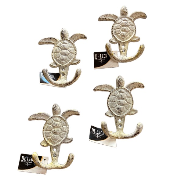 SET of 4 - Distressed White Sea Turtle Cast Iron Wall Hook Wall Décor 4 3/4” ea - Picture 1 of 3